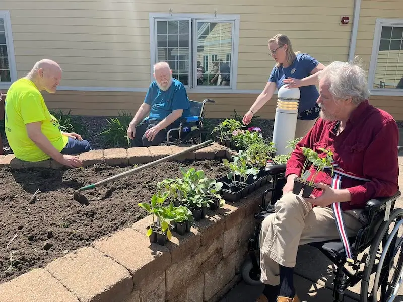 Four people gardening together at a raised bed, two in wheelchairs. Potted plants and gardening tools are visible. Sunny day.